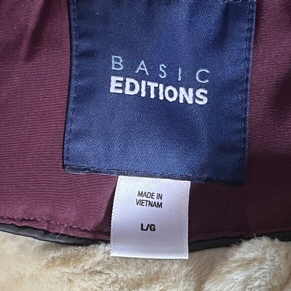 Basics Women’s Winter Coat hood Sz Large maroon Sherpa zip button pockets - Picture 4 of 10